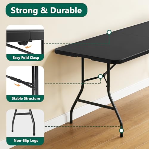 MAKE CHANGES Folding Table 6FT Heavy Duty Plastic Table with Handle, Foldable&Portable, Fold-in-Half Utility Tables for Outdoor, Dining, Wedding, Events, Indoor, Picnic, Camping, Party, Black by MAKE CHANGES - Image 2