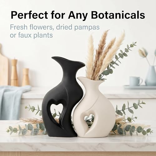 White Flower Vases Set of 2 Modern Boho Ins Style Decorative Flower Vase for Home Decor Living Room Coffee Table Fireplace Bookshelf Shelf Office (Black and White) — view 6