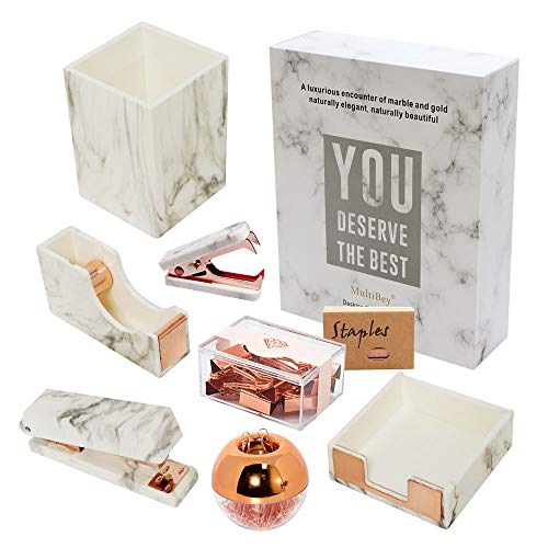 MultiBey 8 Piece Desk Set Marble Office Supplies - with Pen Cup, Sticky Note Holder Desk Organizers - Rose Gold Desk Accessories - Desktop Organization Gift (Marble Rose Gold, 8 Pieces)