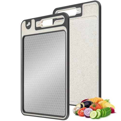 Tabla de cortar de doble cara de acero inoxidable, gran acero inoxidable apto para alimentos y paja de trigo, tabla de cortar de plástico para la cocina, mango práctico, pies antideslizantes