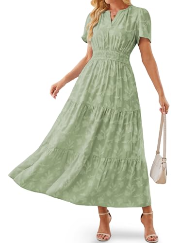 Image of Women's Maxi Dresses Boho Burnout V Neck Short Puff Sleeve Smocked Empire Waist Long Wedding Guest Semi Formal Dress Pockets