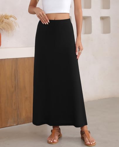 Kinnette Women\'s Maxi Skirt Flowy A-line High Waisted Casual Long Skirts (Black, L)