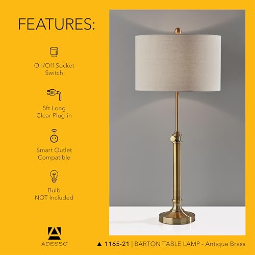 Adesso Antique Brass Table Lamp with Oatmeal Linen Shade – Adjustable Height Accent Light for Bedroom, Living Room, or Home Office, up to 34” Tall by Adesso - Image 6