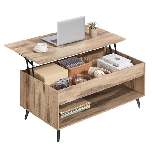 VASAGLE Table Basse, Table Basse Relevable, Vérin à Gaz, Compartiment sous Le Plateau, Compartiment Ouvert, pour Salon, Bureau, Salle à Manger, Marron Camel et Noir d'encre LCT267LB01