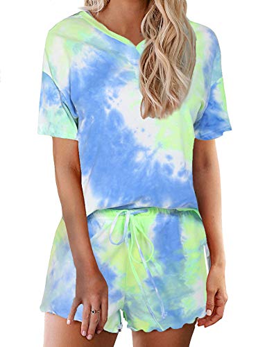 Image of Ekouaer Pajamas Set for Women Short Sleeve Lounge Set 2 Piece Loungewear PJs Soft Cute Lightweight Sleepwear
