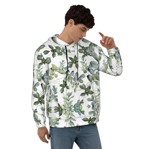 Men's Fleece Pullover Hoodies, Green Eucalyptus Leaves Printed Casual Drawstring Hooded Sweatshirts