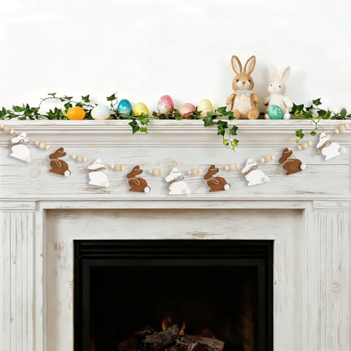 DAZONGE Rustic Easter Decor, Farmhouse Wood Bunny Bead Garland Banner, Easter Decorations for Home, Spring Party Mantel Decor by DAZONGE - Image 2