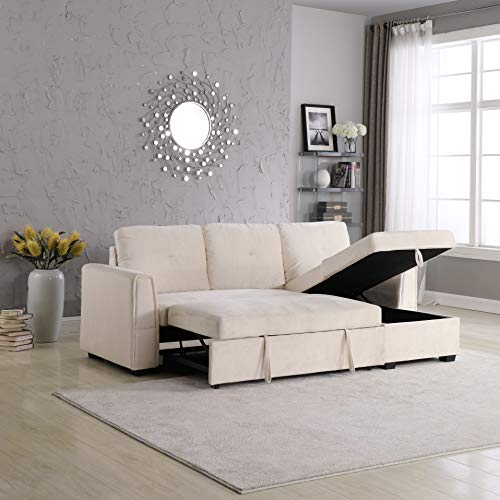 Legend Vansen 91''Velvet Sofa Chaise Storage Reversible L-Shape Sleeper Sectional,Sofabed,Seelper, Apt, Cream #TOP3