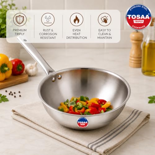 Image of TOSAA TRIPLY Wok 18 CM (1250 ML)|Made with Premium triply Construction for Better Durability and Long-Lasting Performance.
