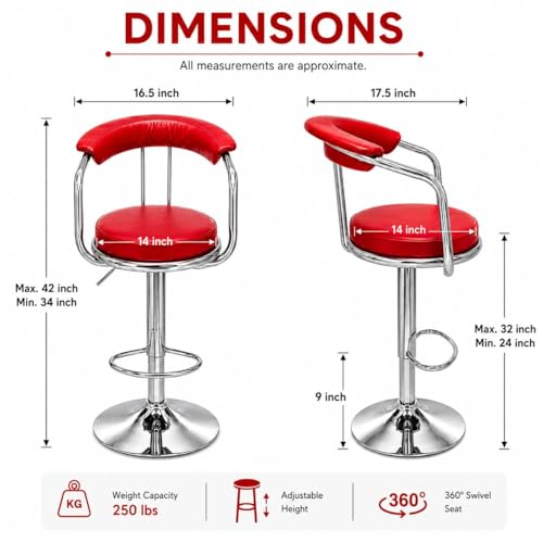 Image of Kemon Modern Adjustable Swivel Bar Stool Chair with Backrest, PU Leather Hydraulic Counter Stool with Footrest for Kitchen Island, Cafe & Home Bar (1, Red, Round Barrel Stool)