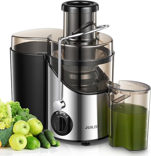 Juicer Machines, Juilist Centrifugal Juicers Whole Fruit and Vegetables 400W, Large 3” Feed Chute Juice Extractor Machine, 3 Speed Control, Cleaning Brush and Recipe Included, Silver