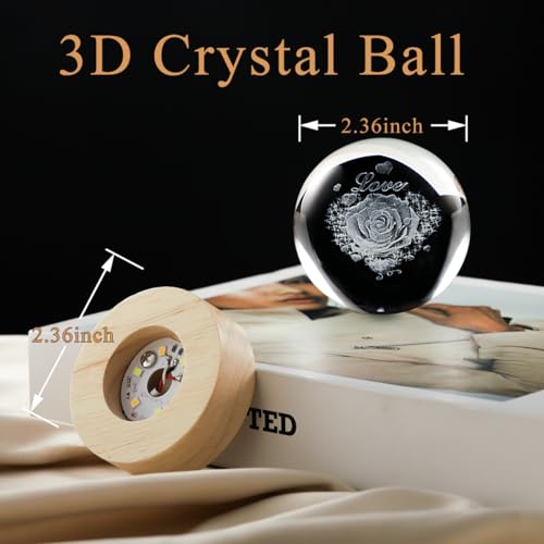 Image of 3D Love Crystal Ball Lamp with Dimmable LED and Wooden Base, Night Light for Kids Teens Adults, Home Desk Office Bedroom Decor, Birthday Gift (2.4 inch / 6cm)