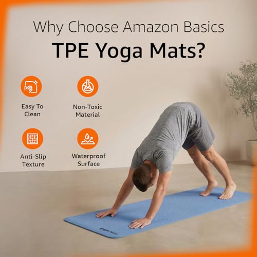 Image of Amazon Basics TPE Yoga & Exercise Mat | 6 mm Thick | Non-Slip Grippy Surface | Lightweight & Durable Rubber-Like Material | Floor Protection | Ideal for Yoga, Pilates, Stretching & Fitness | 180 x 61 cm | Dark Blue