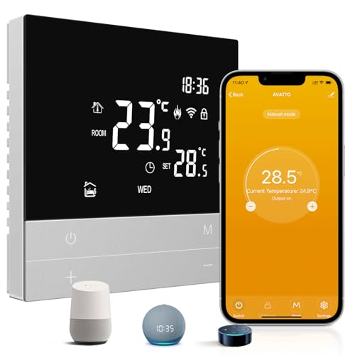 AVATTO Termostato per riscaldamento a pavimento, termostato intelligente WiFi, programmabile, termostato ambiente, supporto Alexa, controllo vocale Google Home e telecomando App Smart Life (WiFi 2,4