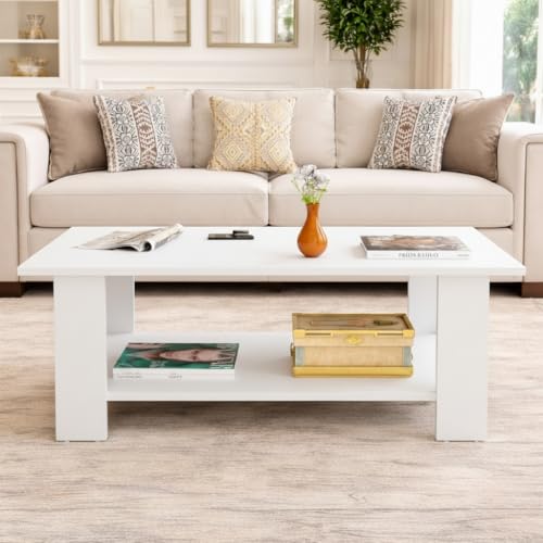 Spyder Craft Modern Coffee Table with Open Storage Shelf – Minimalist Rectangular Center Table for Living Room, Office, and Lounge – Durable Engineered Wood, Easy Assembly (White) (Assembly -DIY)