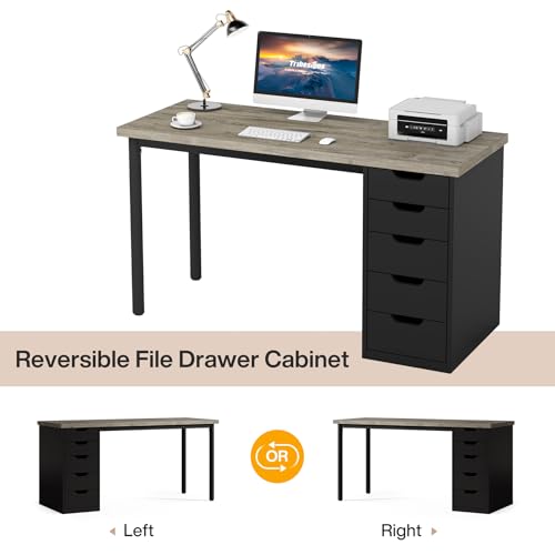 Image of Tribesigns Computer Desk with 5 Drawers, 47 inches Rustic Brown Home Office Desk with Storage, Modern Simple Laptop Desk Study Writing Table for Small Spaces (1, Grey+Black)