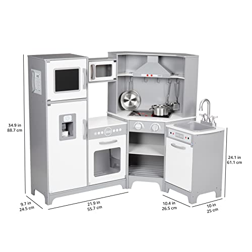 Amazon Basics Kids Corner Wooden Kitchen Playset With Interactive Doors, Knobs, And Lights, White & Gray, Gift For Age 3Y+, 39.37" X 28.35" X 35.04'' #TOP7