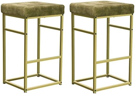 LEEJAY 30 Inch Green Counter Height Bar Stool with Gold Legs,Upholstered Kitchen Island Stool for Dining Room Living Room,Set of 2