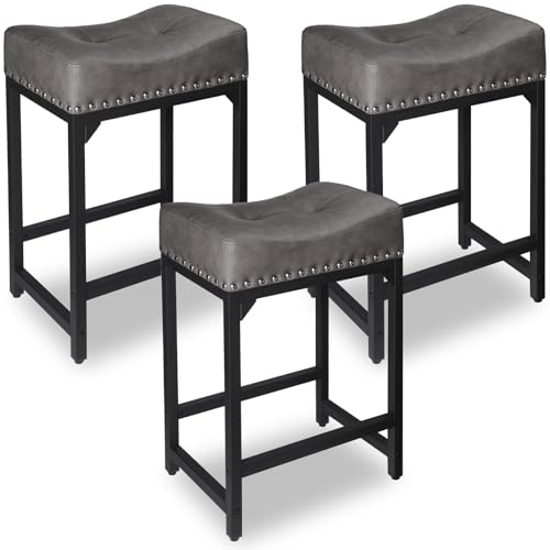 Image of Counter Height Bar Stools Set of 3, Stools for Kitchen Island Set of 3, 24 Inch Counter Stool Saddle Backless Barstools for Kitchen Counter -Grey