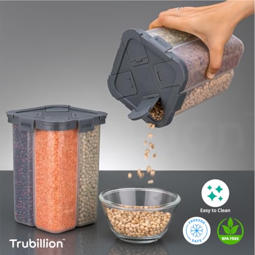 Image of TRUBILLION SplitBox 4-Section Kitchen Food Storage Container,2000ml BPA-Free Transparent,Black Lid,Removable Divider,Freezer Safe,Stackable Space,Saving Design,For Pulses,Snacks,Dry Fruits (Grey)