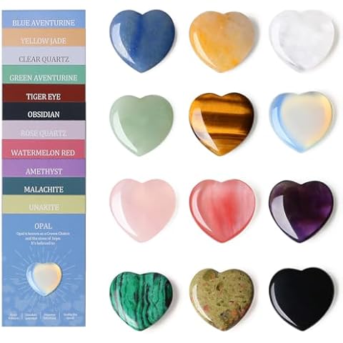 DUQGUHO 12PCS Hearts Crystals and Healing Stones 1 inch Rose Quartz Healing Crystals Amethyst Crystal Hearts Set Energy Gemstones Heart Shaped Crystals Bulk Polished Stone Meditation Gifts for Women Cover