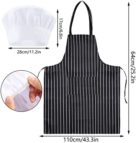 Chef Apron and Hat Set, Cotton Adjustable Black and White Striped Apron White Chef Hat Kitchen Apron with Pockets Professional Chef Outfit Set for Men & Women
