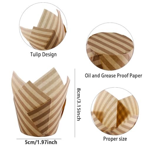 Image of 200 Pieces Tulip Cupcake Muffin Liners Greaseproof Paper Baking Cups Cupcake Wrappers for Birthday Wedding Party Baby Showers Catering Restaurants(Stripe Khaki)