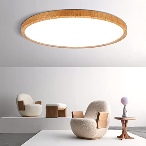 LED Flush Mount Ceiling Light Fixture, 5000K Daylight White 24W(240W Equivalent) 12 Inch Wood Grain Flat Modern Ceiling Lighting, 3200LM Ceiling Lamp for Bathroom Porch, Kitchen, Bedroom, Living Room