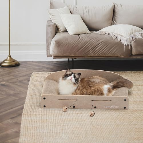 FUKUMARU Kratzbrett Katzen, 66CM langlebiges Kratzpappe und Filz, große Liege, 2 wendbare Katzenkratzpads für Katzen, recycelbares Katzenkratzbett aus Wellpappe mit Glockenballspielzeug, Beige