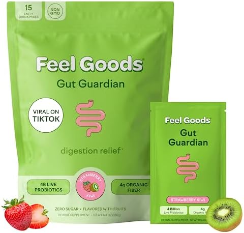 Feel Goods Gut Guardian Mix for Digestive Health, 4B Probiotics, Prebiotics, Soluble Fiber, Better Pooping, Less Bloating, Gut Support, No Added Sugar, On The Go Packets (15 Packets, Strawberry Kiwi)