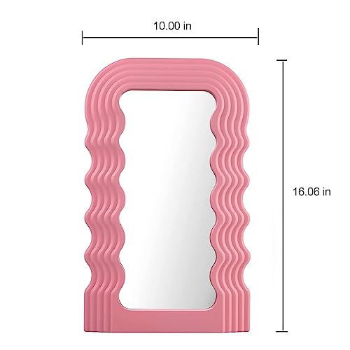 Mokoze Wavy Mirror Irregular Border 16.06"X10" Makeup Mirror For Wall-Mounted And Dressing Table Mirrors,Room Decor For Living Room Bedrooms And Mirror For Desk (Pink) #TOP1