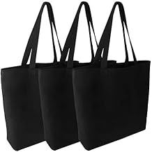 Segarty Blank Canvas Tote Bags, 3 Pack 16.5x13.4in 12oz Natural Reusable Grocery Shopping Bags Bulk, Plain Bag to Decorate Crafts DIY, Large Black Sturdy Canvas Tote Bag for Women Beach Travel