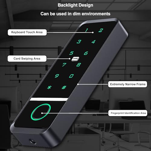 Candeon Elektronisches Smartes Türschloss, RFID/Tuya-App/WiFi Zugangskontrolle Tastatur Fingerprint Türöffner, Wasserdicht Touchscreen Codeschloss für Außen- und Innenbereich, 125 kHz /13,56 MHz