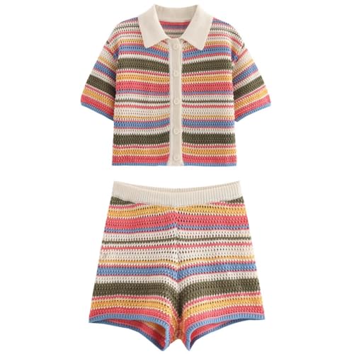 Womens Cropped Short Sleeve Polo Sweater Striped Button Up Collar Knit Tops Crochet T Shirt