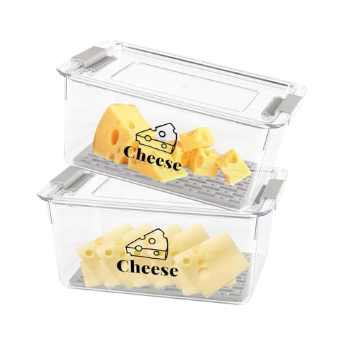 Gzsekken Cheese Storage for Fridge,2 Pack Airtight Cheese Container and Lid, Clear Cheeses Dish with Drain Tray,Freshness Box for Chunks & Slices BPA-Free Organizer-Easy Clean