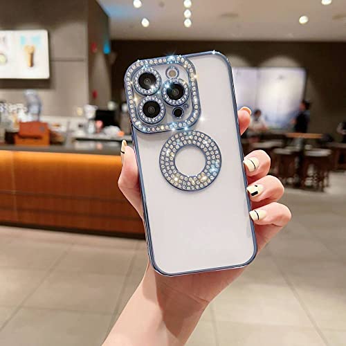 Coque transparente de luxe pour iPhone 11 Pro avec placage bleu chromé et design pailleté