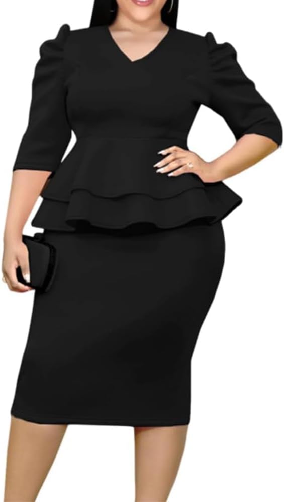 ONTINVA Women V-Neck Plus Size Peplum Dress Church Wear to Work Bodycon Short Sleeve Midi Dresses Valentine Outfits