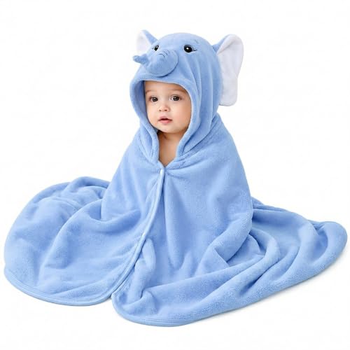 ROMASA Baby Bath Towel Ultra Soft Hooded Towel Highly Absorbent Bathrobe Blanket Toddlers Shower Gifts for Boys Girls-27.5" x 55" (Blue Elephant)