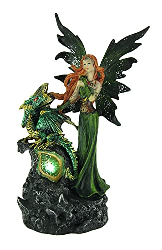 Estatua Dragón y Hada Verde Esmeralda con Luz LED