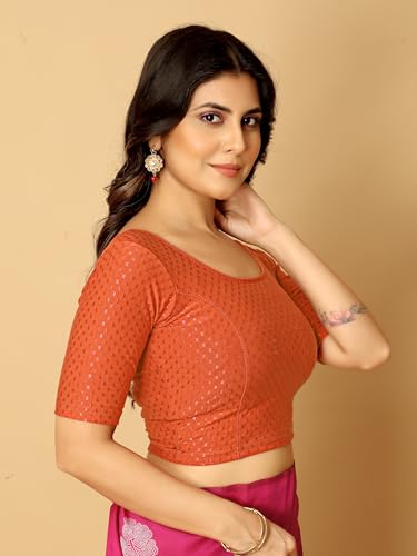 Image of Amazon Brand - Anarva Round Neck Dobby Cotton Lycra Stretchable Elbow Half Sleeve Readymade Saree Blouse for Women Stylish