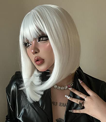 Aisi Beauty White Wig With Bangs Short White Wigs For Women 12 Inch Short Straight White Bob Wig Synthetic Cosplay Wig #TOP1