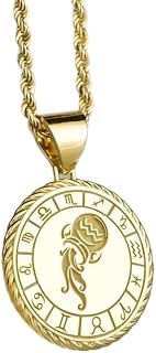 hänge i 925 sterlingsilver, Vattumannen och stjärntecken, |WW_NLC_00198 | Förgylld horoskopmedaljong 26 mm rund vattenbärar-astrologisymbolberlock med 18-tums kabelkedja