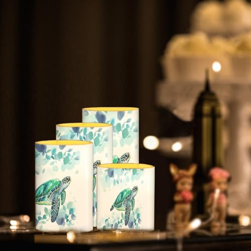 Image of Flameless LED Candles Electric Candle Set with Remote Timer Color Changing Control Long Lasting for Table Centerpiece Home Indoor Decoration Pack of 4, Blue Sea Turtle