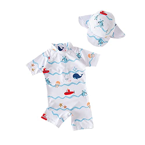 ALUCIC Jungen Badeanzug Ozean-Muster Baby Zweiteiliger Kurzarm UV-Schutz Bademode mit Badekappe(Weiß, 80-90cm) Cover