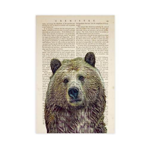 QIENAZIO Dizionario artistico con ritratto di Grizzly, pagina di un libro vintage con ritratto di animali, stampa artistica da parete su tela, poster decorativo da parete per casa, bar, ristorante