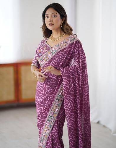 Image of SIRIL Women's Georgette Bandhani Printed Saree with Unstitched Blouse Piece