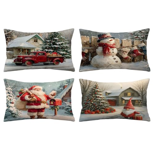 Merry Christmas Pillow Covers 12x20 Set of 4 Velvet Xmas Winter Holiday Pillow Cases Farmhouse Christmas Tree Snowman Santa Cushion Covers for Outdoor Home Bed Sofa Couch Decorations(lumbar)
