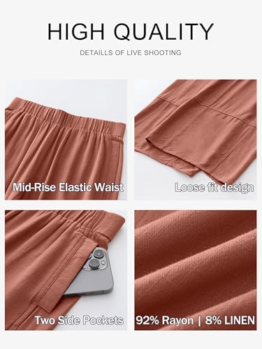 ANRABESS Women's Wide Leg Linen Pants Summer Boho Casual Elastic Waist Long Lounge Travel Pants Trousers with Pockets Rust Red Medium