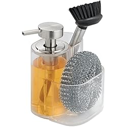 Expendedor De Jabon Liquido mDesign Dispensador de Gel rellenable – Expendedor de plástico para 254 ml de jabón líquido – Bote dosificador con útil Porta estropajos o esponjas – Transparente y Plateado Mate