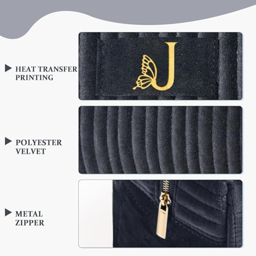 Image of COSHAYSOO Travel Makeup Bag Quilted Make Up Pouch Initial Cosmetic Case with Butterfly Decorations for Women Compact Mirror Traveling Size Beauty Tools Accessories Organizer Black Velvet Letter J